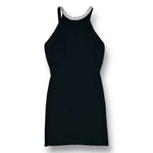 Anthropologie Endless Rose M Black Knit Rhinestone Trim Wedding Guest Mini Dress - Picture 6 of 9